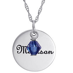Girl's Sterling Silver Engraved Disc Pendant & Birthstone Charm