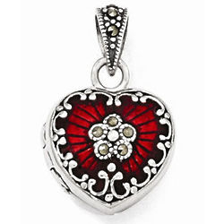 Renaissance Sterling Silver Red Enamel & Marcasite Heart Locket