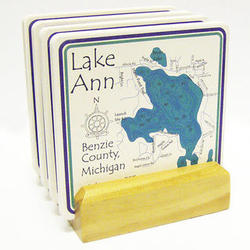 4 Personalized Lake Art Coasters with Light Wood Stand