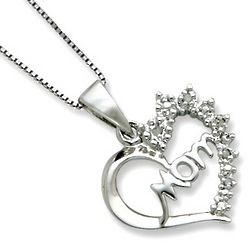 Diamond Mom Word Heart Necklace in Sterling Silver