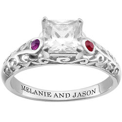Couple's Birthstones and Square CZ Sterling Silver Filigree Ring