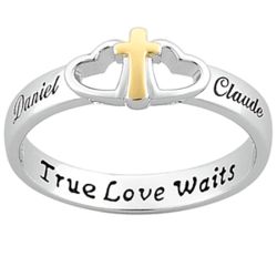 Personalized Sterling Silver Cross Heart Purity Name Ring