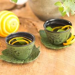 2 Bamboo Grove Cast Iron Cups and Saucers