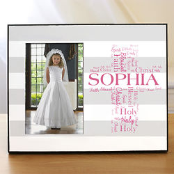 Personalized First Communion Picture Frame with Stripes and Cross