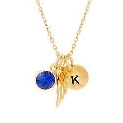 Personalized Initial Birthstone Gold Angel Wing Charm Necklace
