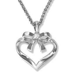 Diamond Bow and Heart Pendant in 14 Karat White Gold