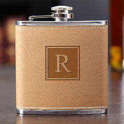 Monogrammed Block Hip Flask in Cocoa Leather