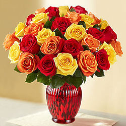 Autumn Rose Bouquet with Red Vase