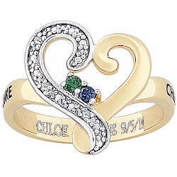 Personalized Scrolled Heart Birthstone Ring with Diamond Accents