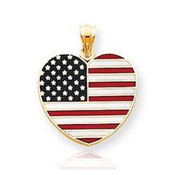 14k Yellow Gold Enamel Heart Shaped American Flag Pendant