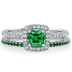 Sterling Silver Cushion Simulated Emerald CZ Halo Ring Set