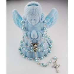 Angel Memory Box with Blue Pearl Rosary