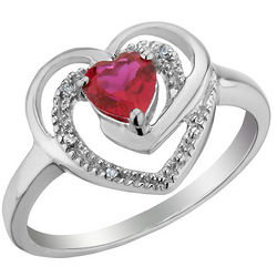 Created Ruby Heart Ring with Diamond Accents