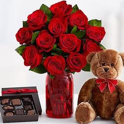 One Dozen Red Roses With Red Mason Jar, Bear and Chocolates