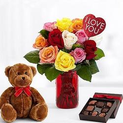 Ultimate One Dozen Rainbow Roses, Chocolates and Teddy Bear