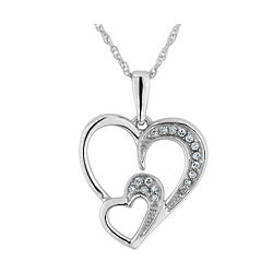 10K White Gold Double Heart Pendant Necklace with Diamonds