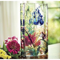 Rectangular Blown Glass Vase with Vintage Botanical Flowers