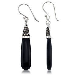 Black Onyx and Marcasite Earrings in Sterling Silver