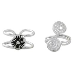 Flower and Spiral Sterling Silver Ear Cuffs