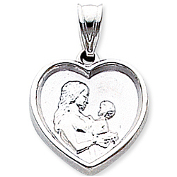 14k White Gold Carved Mother and Child Heart Pendant