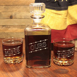 Yours, Mine and Ours Liquor Decanter and Lowball Glasses Set