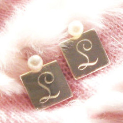 White Fresh Water Pearl Monogrammed Silver Square Earrings