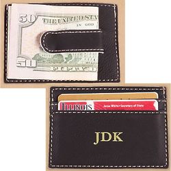 Engraved Three Initial Black Leatherette Money Clip