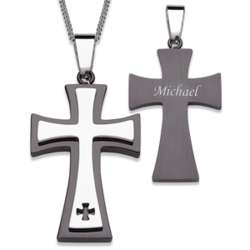Black Stainless Steel Two-Tone Engraved Name Cross Necklace