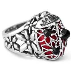 Red Coral and Black Spinel Ladybug Ring
