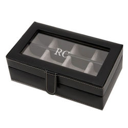 Personalized Black Leather Cuff Link Box