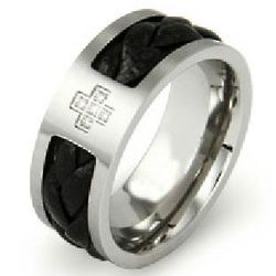 Men's Stainless Steel Leather Braided Cross Signet Ring
