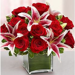 Large Modern Embrace Red Rose and Lily Cube Bouquet