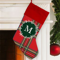 Tartan Plaid Wreath Stocking with Personalized Initial