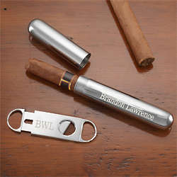 Personalized Silver Cigar Case and Cigar Cutter Set
