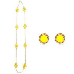 Yellow Clover Long Chain Necklace with Earrings