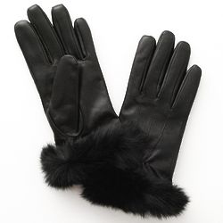 Women's Leather Touch Screen Gloves with Rabbit Fur Cuffs