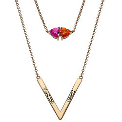 Gold Plated Engraved Chevron Couples Name & Birthstone Necklace
