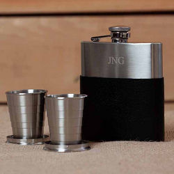 Stainless Steel Black Leather Flask with Shot Glass Set