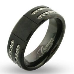 Men's Wide Black Titanium Signet Ring with Double Cable Inlay