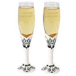 Personalized Black and White Wedding Flutes