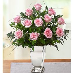 Premium Long Stem Pink Roses in Silver Vase