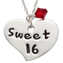 Sterling Silver Sweet 16 Heart Pendant with Birthstone