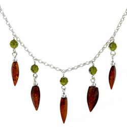 Honey Amber Multi Drop Necklace with Green Swarovski Crystals