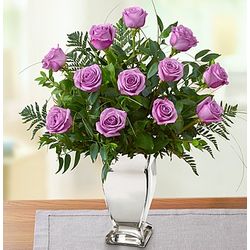 Premium Long Stem Purple Roses in Silver Vase