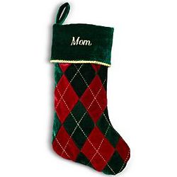 Personalized Velvet Argyle Stocking with Green Cuff
