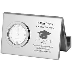 Personalized Silver Desk Clock with Business Card Holder for Grad