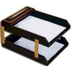 Legal Size Double Wood and Leather Desk Tray