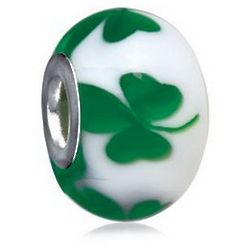 White Glass Bead with Green Shamrocks
