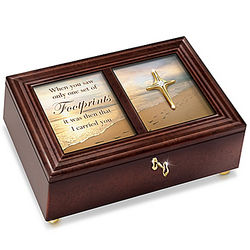 Footprints in the Sand Music Box with Cross and Poem Card