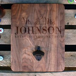 Personalized Mr. & Mrs. Wood Bottle Opener Board